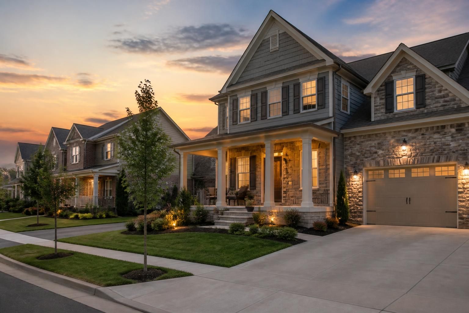 Attractive Burlington, KY neighborhood in gentle dusk light.