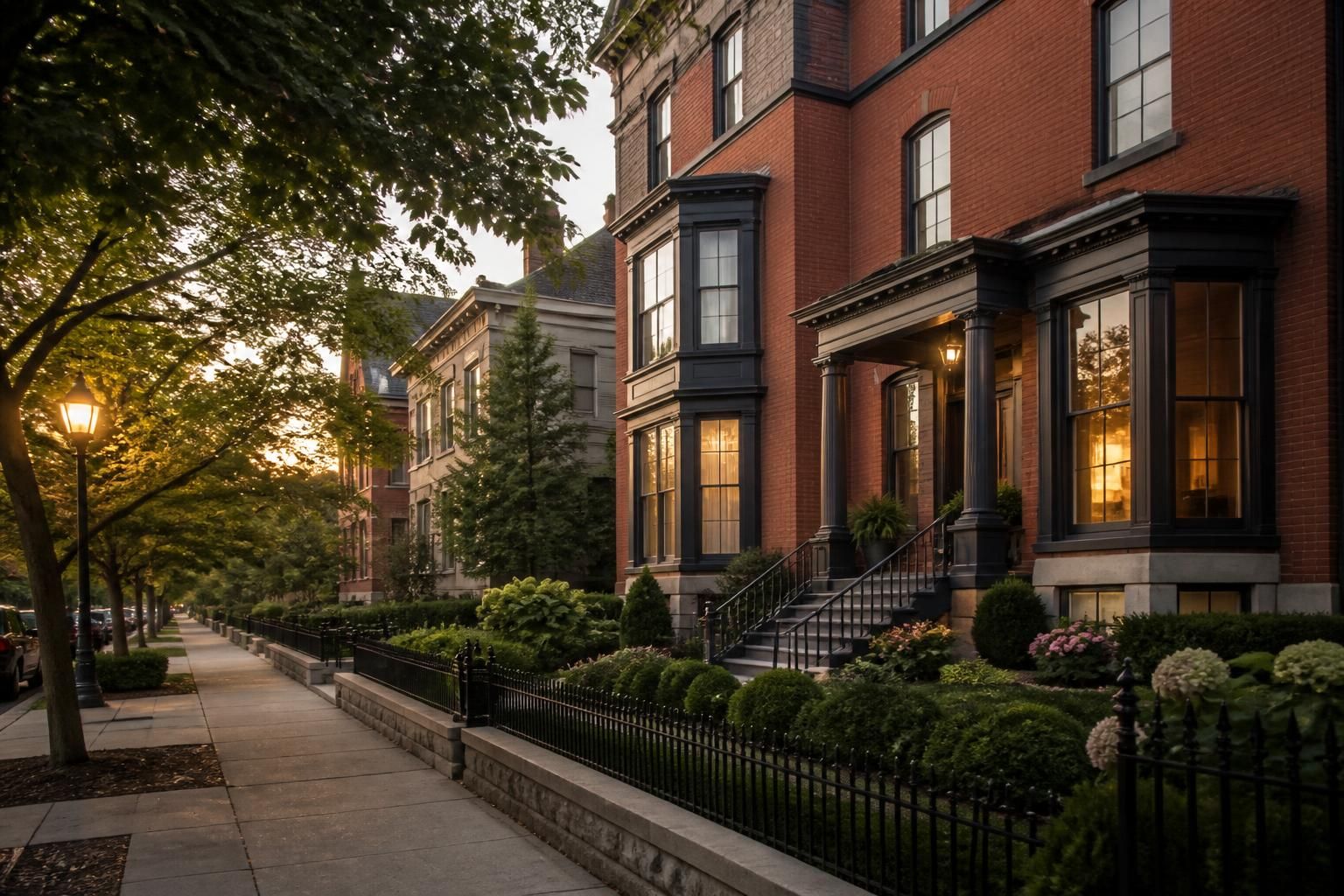 Tree-lined Cincinnati, OH street with warm dusk light.
