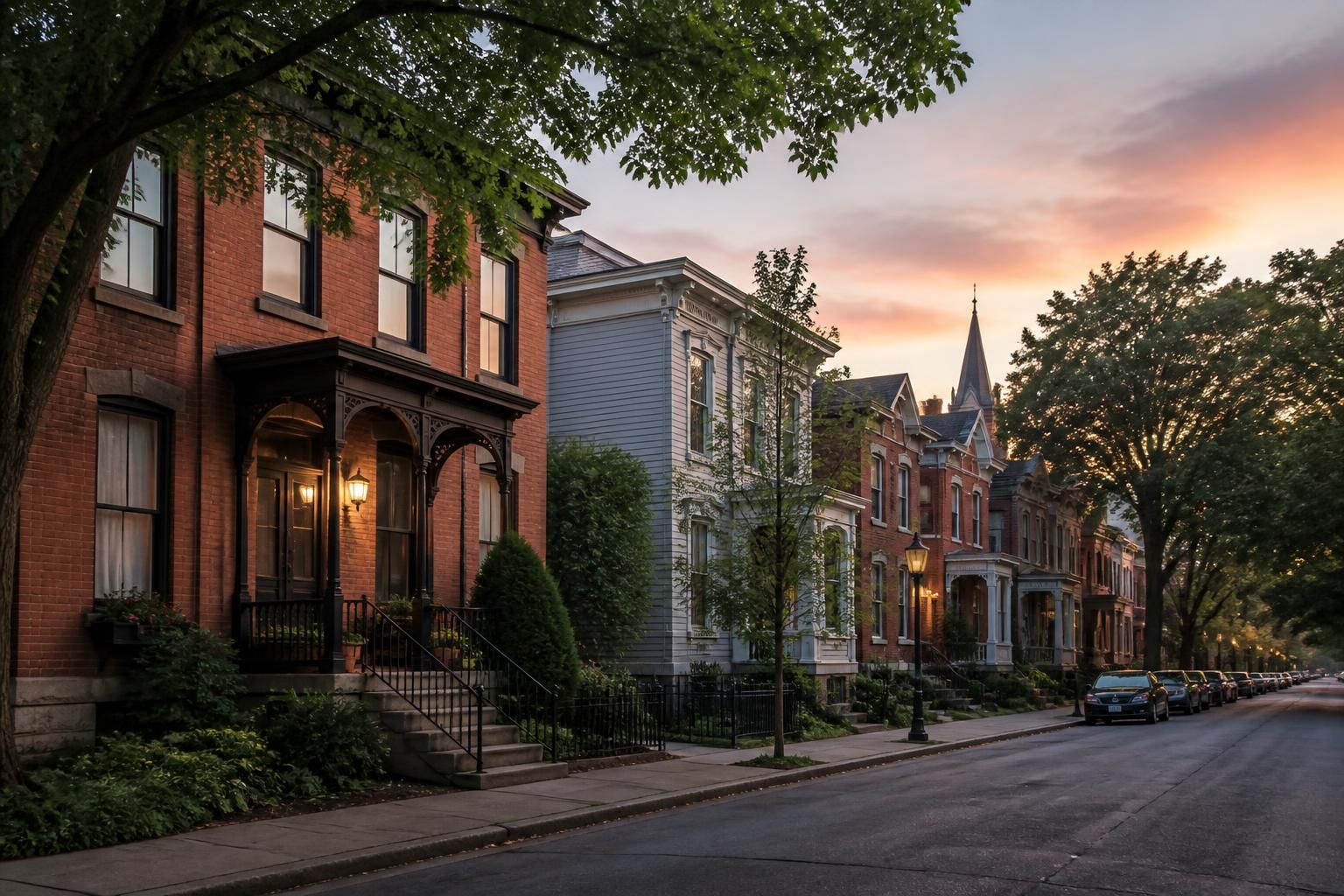 Historic Covington, KY neighborhood with calm dusk lighting.