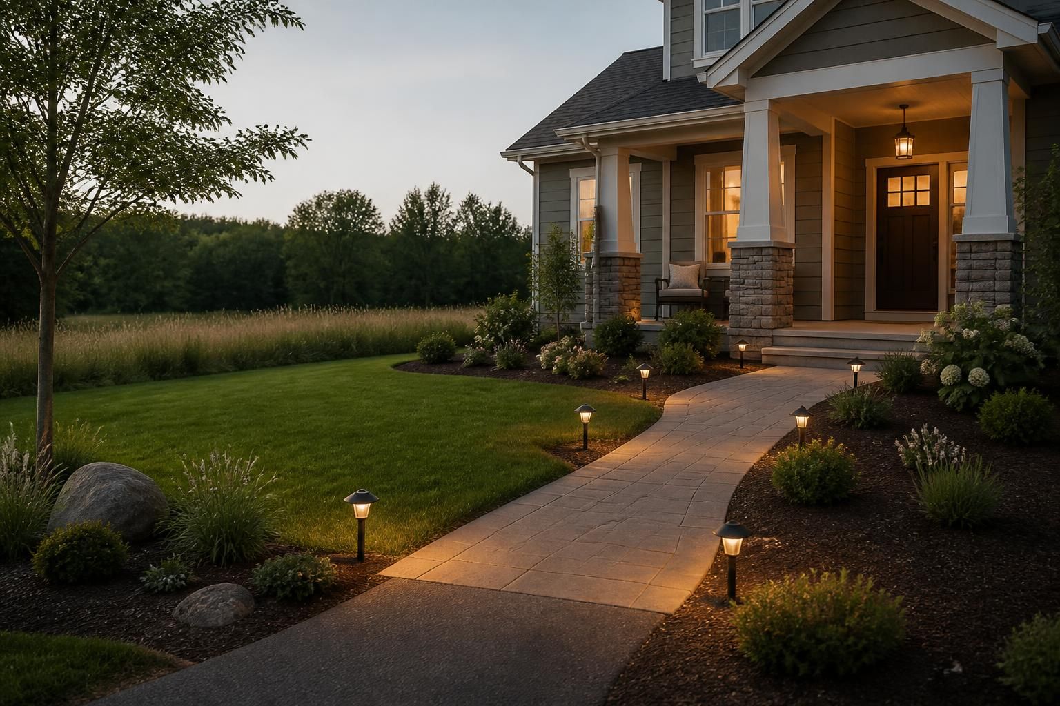 Front yard with pathway and porch lighting, leaving open space for text.