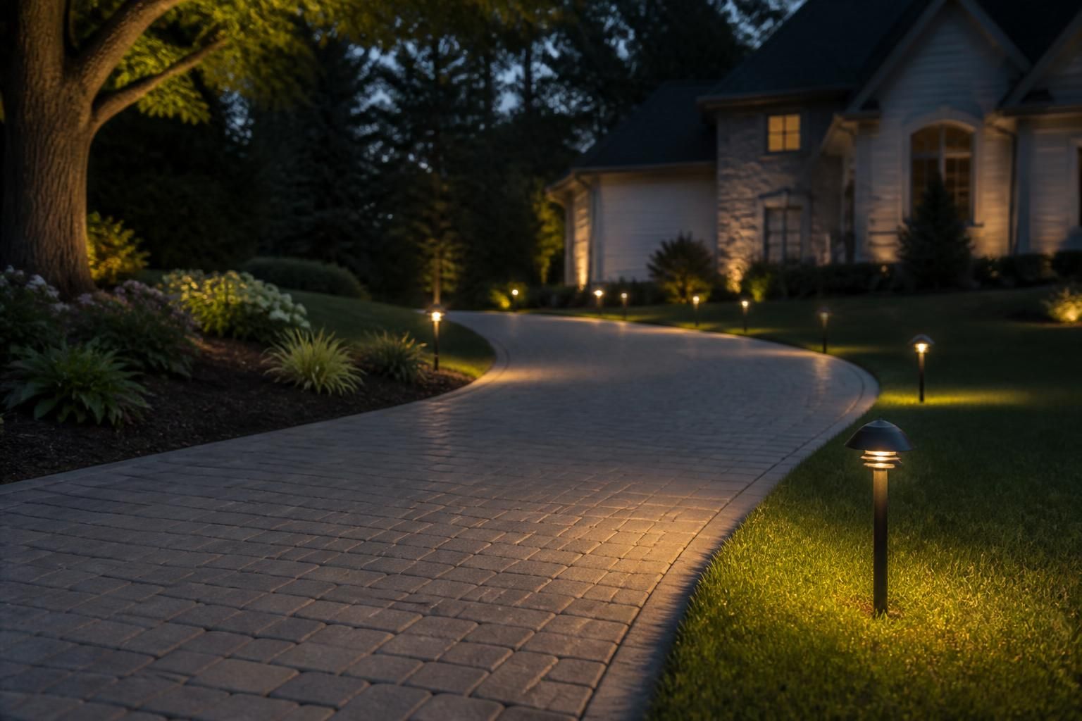 Driveway lit with evenly spaced ground lights.