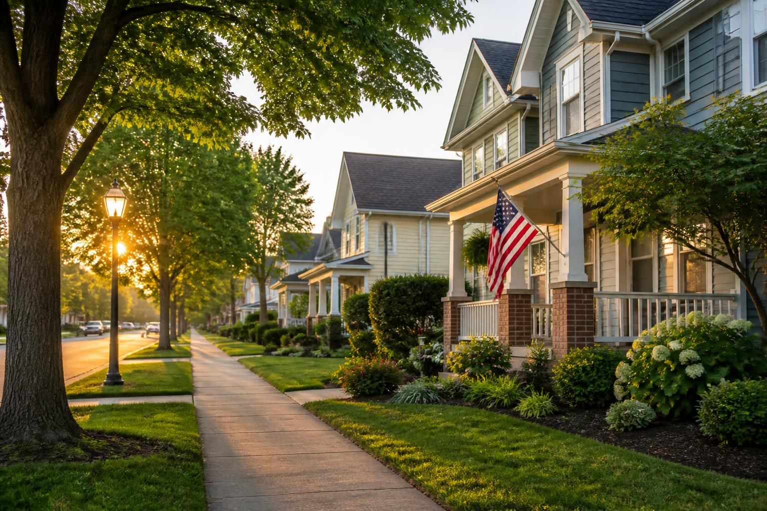Residential Erlanger, KY street in soft evening light.