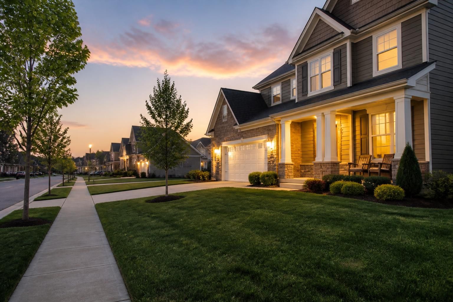 Tidy Florence, KY neighborhood with warm evening light.