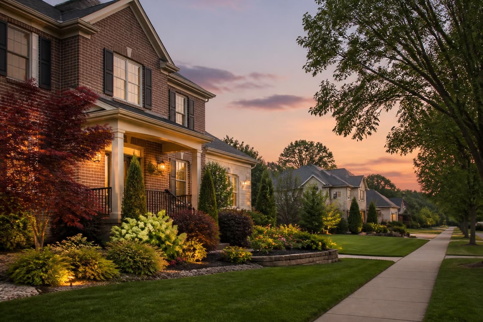 Well-maintained Fort Wright, KY neighborhood at twilight.