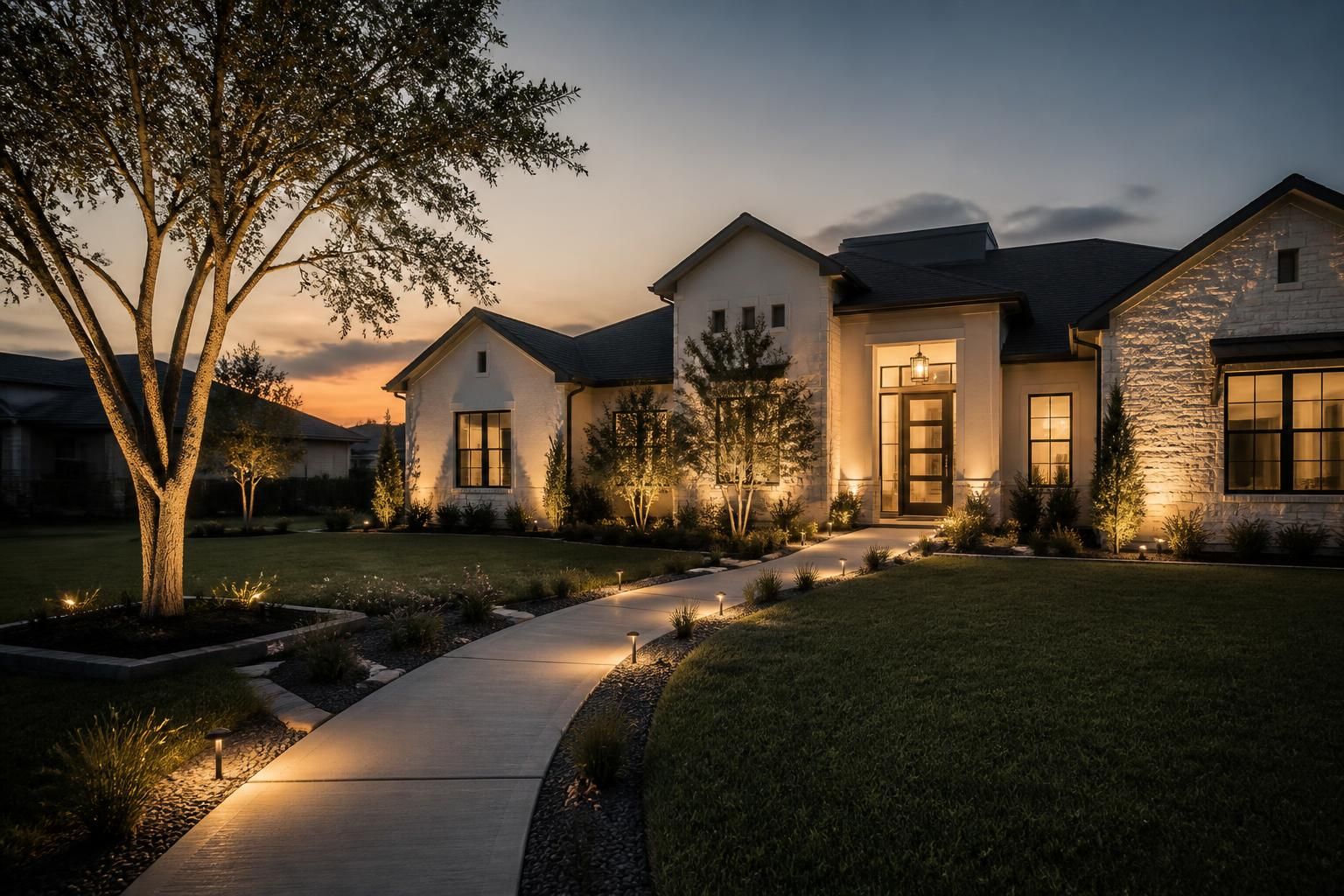 Suburban home exterior with elegant landscape lighting at dusk.