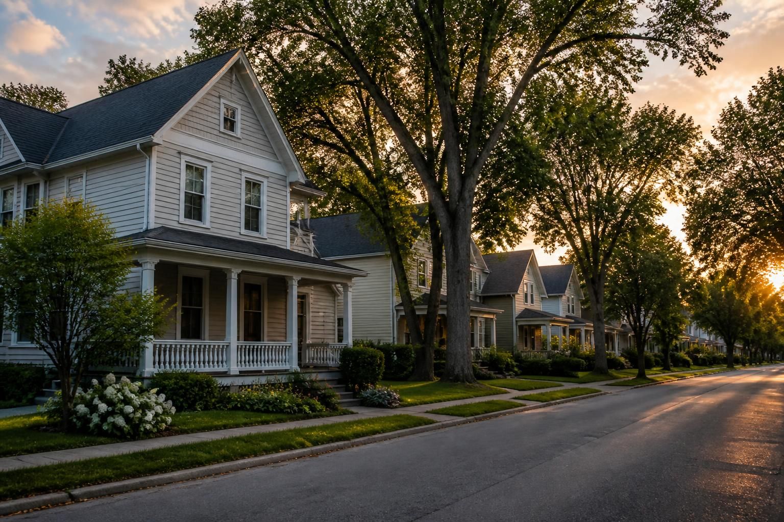 Classic Lawrenceburg, IN neighborhood with soft evening light.