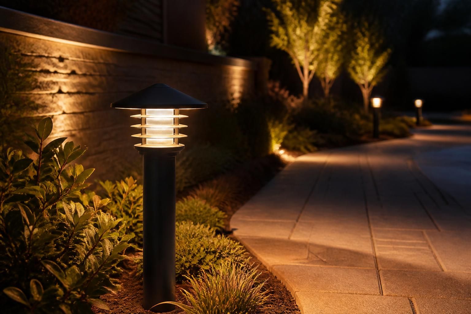 Well-maintained outdoor lighting glowing across a finished landscape.