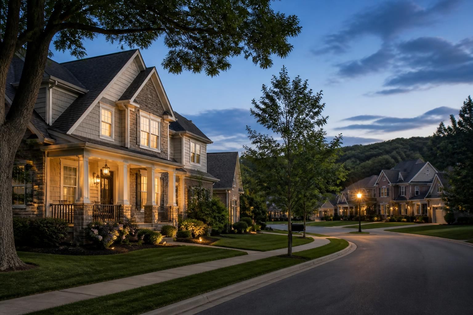 Modern Mason, OH neighborhood under a calm blue-hour sky.