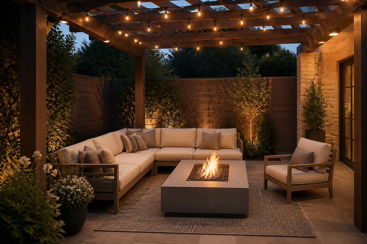 Pergola with warm finished lighting over an outdoor seating area.