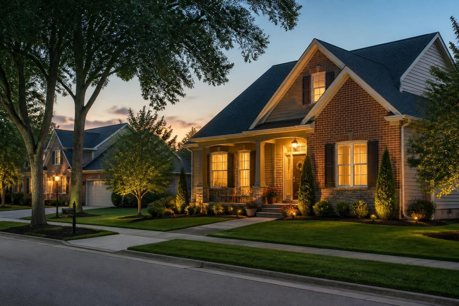 Welcoming Union, KY neighborhood with a softly lit home exterior.