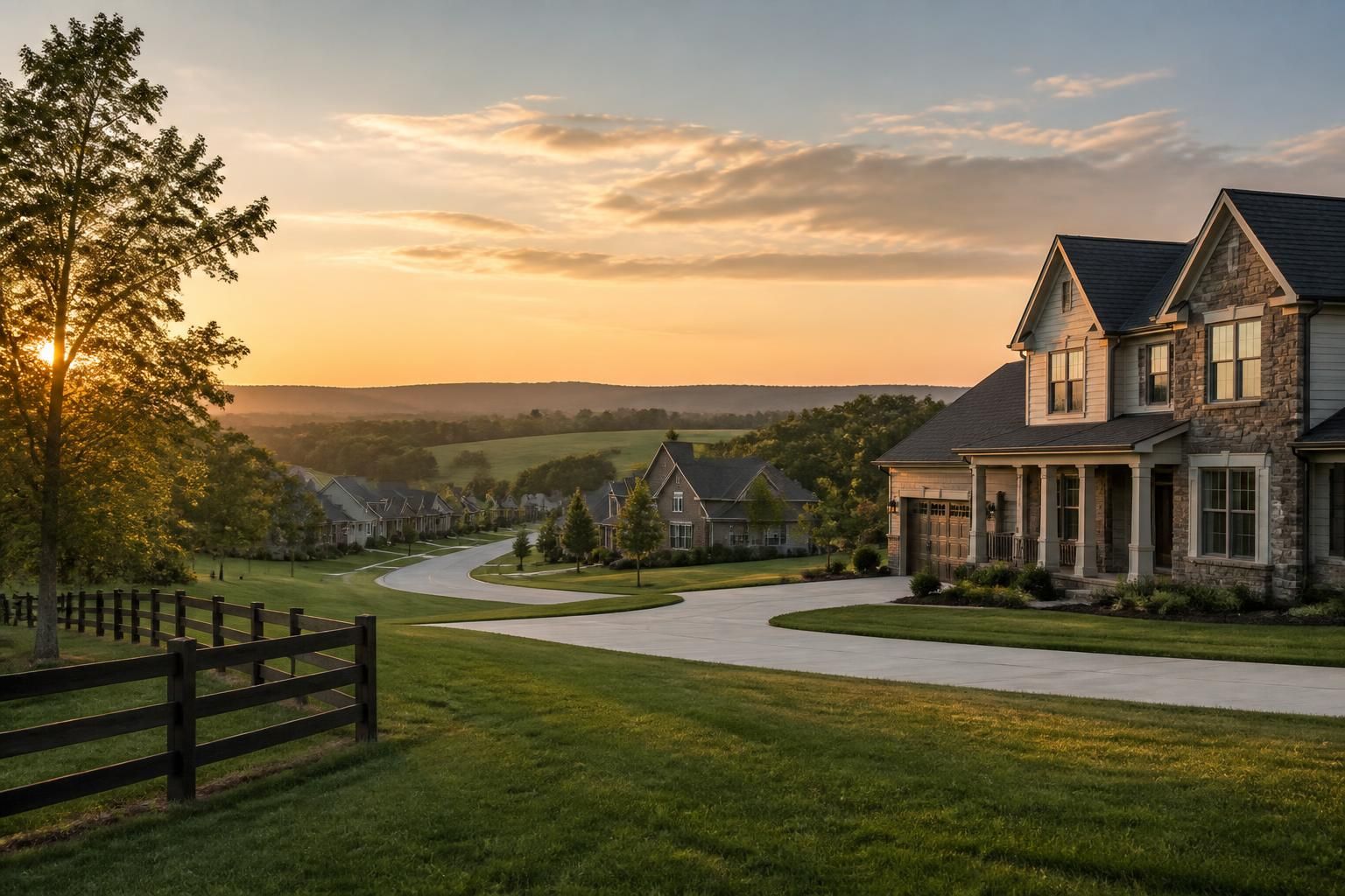 Spacious Verona, KY neighborhood at golden sunset.